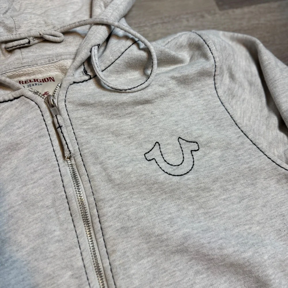 True Religion Mens Oatmeal Heather Buddha World Tour Zip Up Hoodie Grey Medium